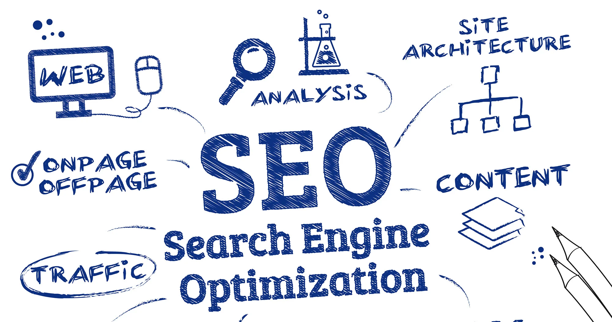 SEO strategy diagram showing search engine optimization concepts including on-page, off-page, content, site architecture, and traffic analysis